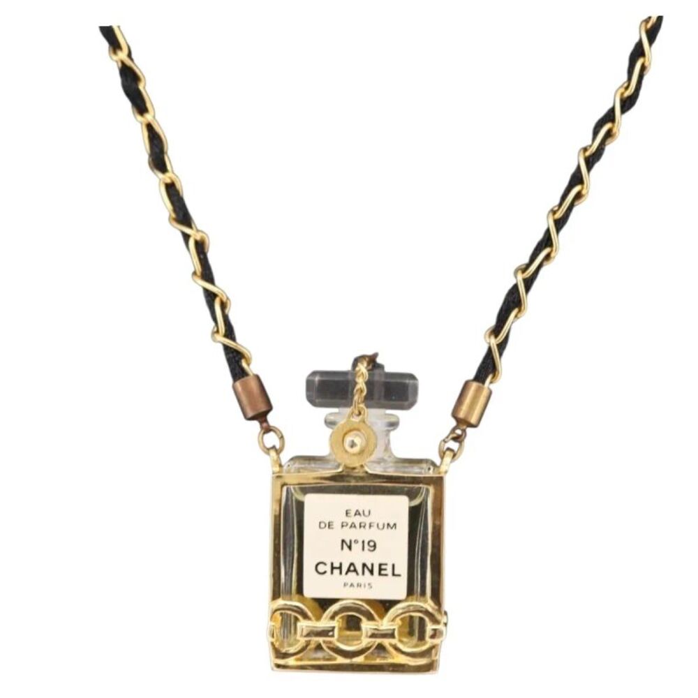 Chanel Cc Perfume Bottle Pendant Chain Long Metal With Leather, Crystals And